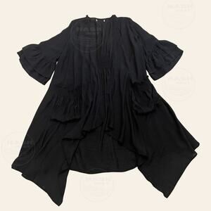 Mystical Avant Garde Black Duster Kimono | Smocked Waist Pockets Ruffle Art Wear